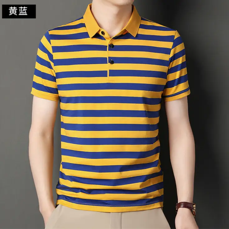 Men Blue Yellow Striped Polo Shirt with Collar - Image 2