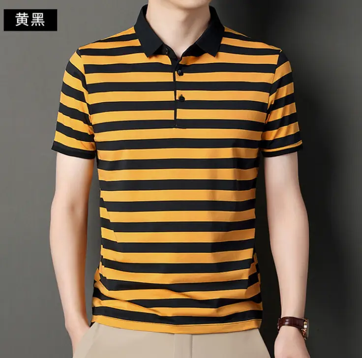 Men Blue Yellow Striped Polo Shirt with Collar - Image 3