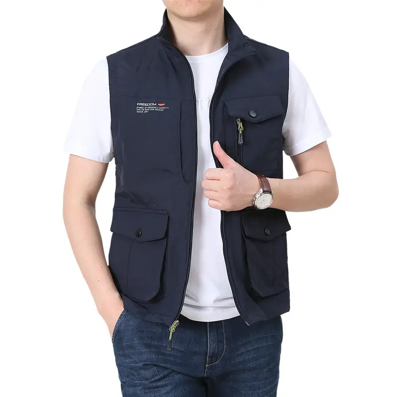 Men Navy Blue Multi-Pocket Vest with Zip Front - Image 11