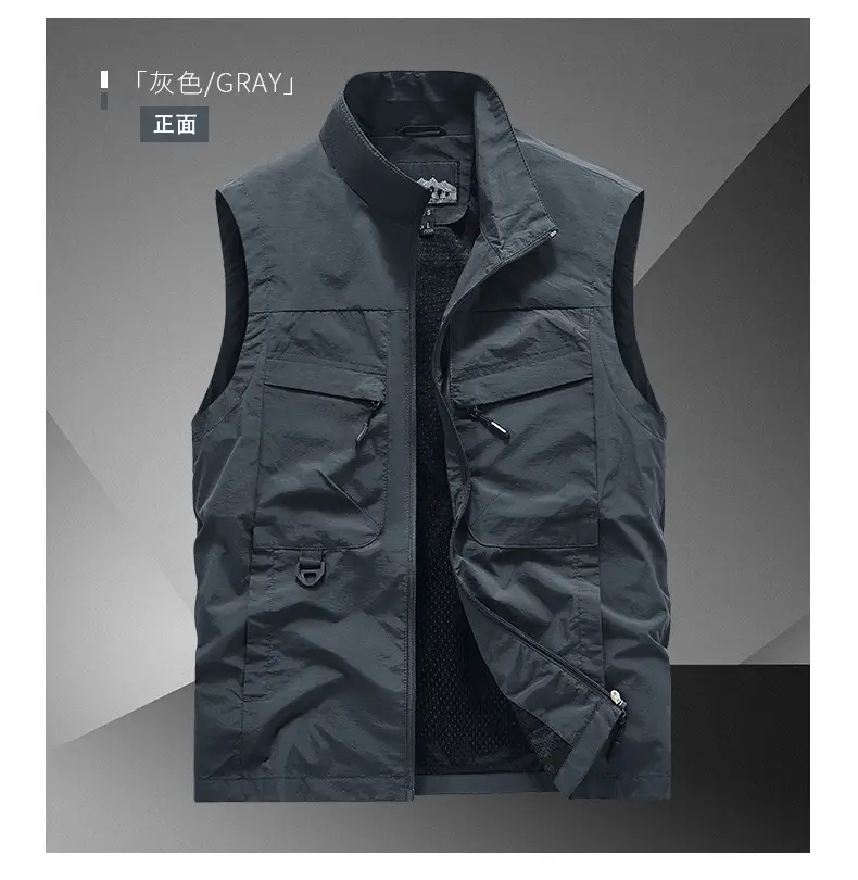 Men Navy Blue Multi-Pocket Vest with Zip Front - Image 16