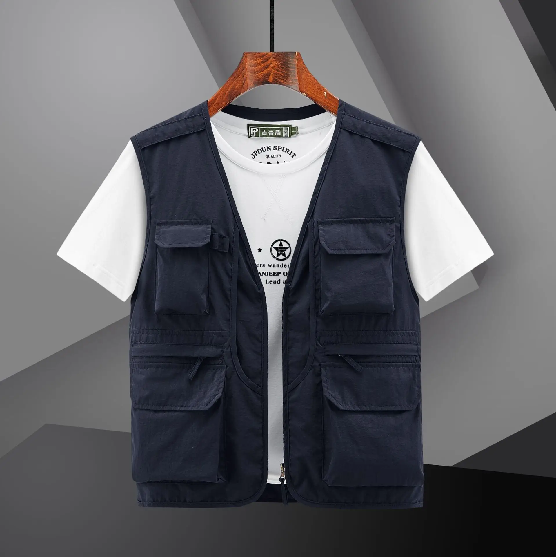 Men Navy Blue Multi-Pocket Vest with Zip Front - Image 6