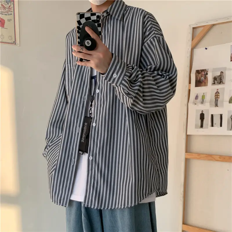 Men Long Sleeve Striped Harajuku Shirt Spring Autumn - Image 2