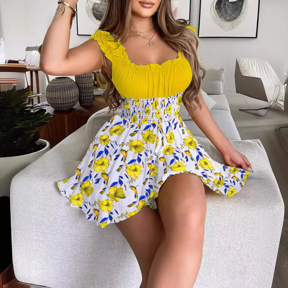 Women's Yellow Floral Crewneck Skirt Dress