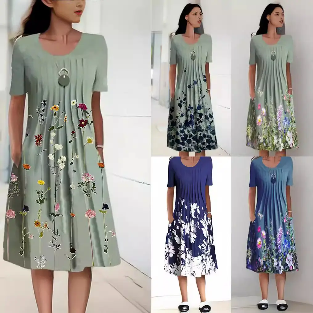 Women Floral Print Round Neck Dress Green Blue - Image 6