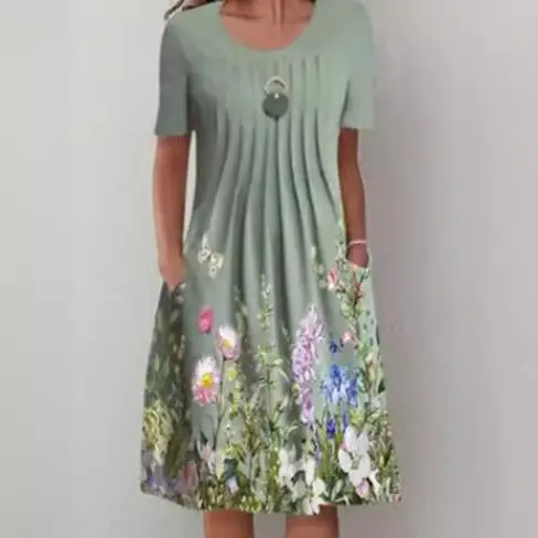 Women Floral Print Round Neck Dress Green Blue - Image 7