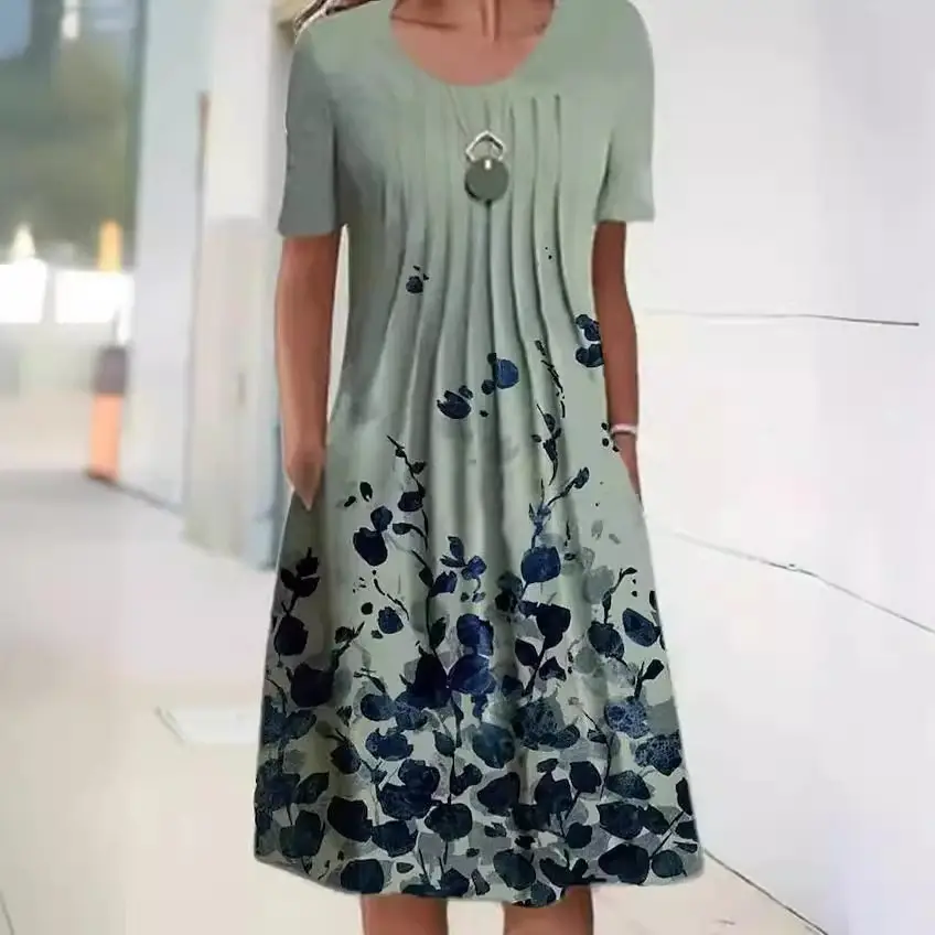 Women Floral Print Round Neck Dress Green Blue - Image 8