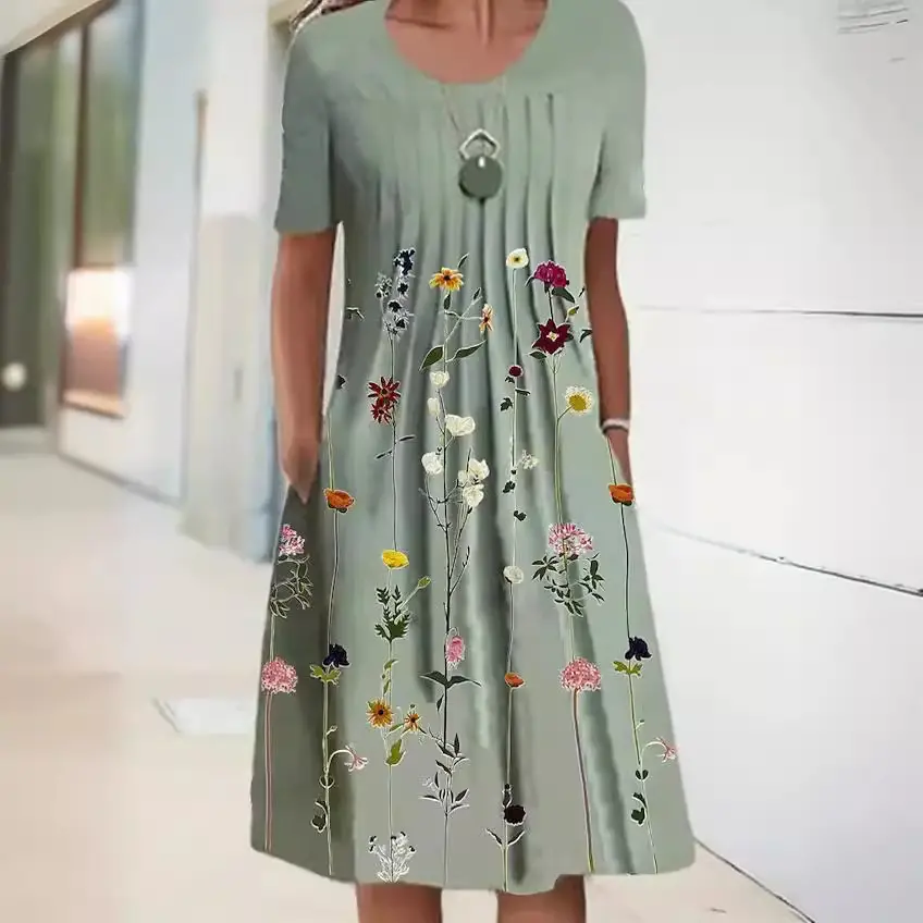 Women Floral Print Round Neck Dress Green Blue - Image 9