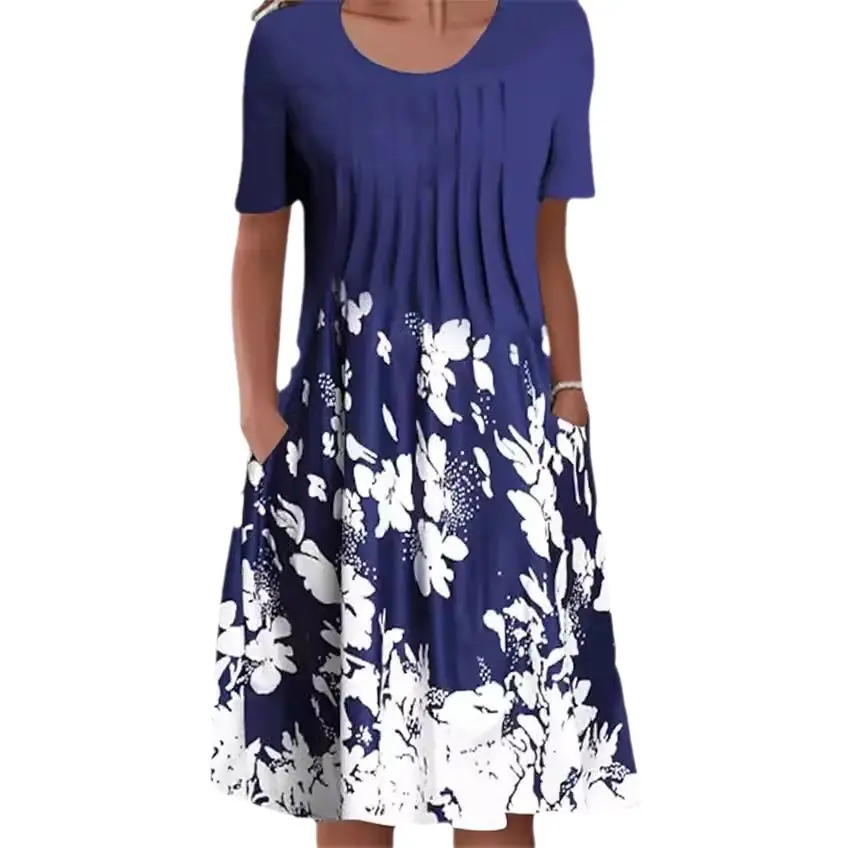 Women Floral Print Round Neck Dress Green Blue - Image 10