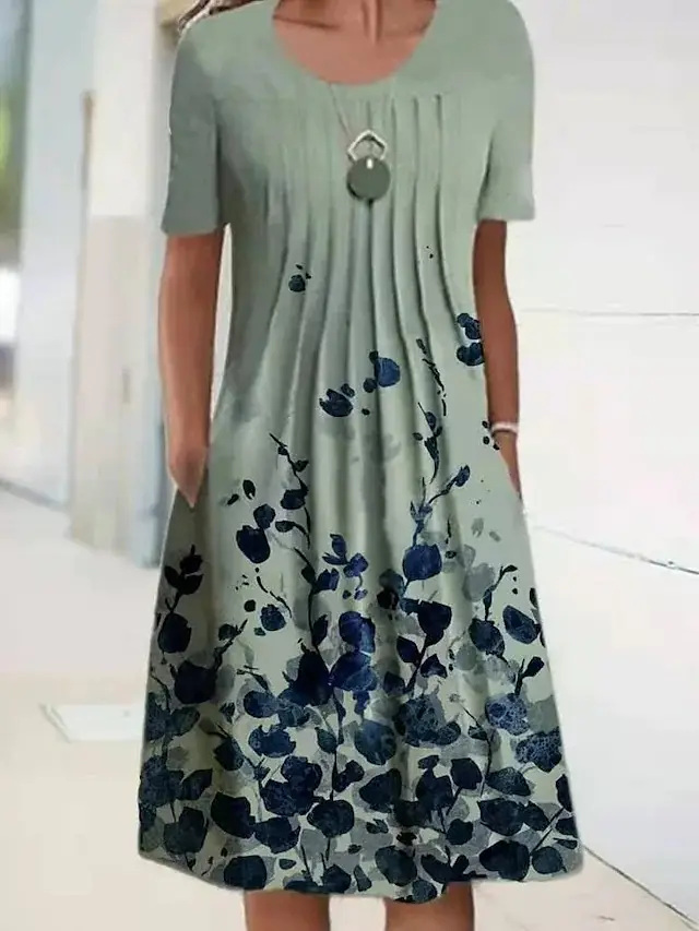 Women Floral Print Round Neck Dress Green Blue - Image 2