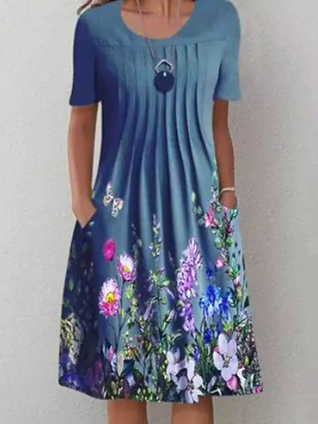 Women Floral Print Round Neck Dress Green Blue - Image 4