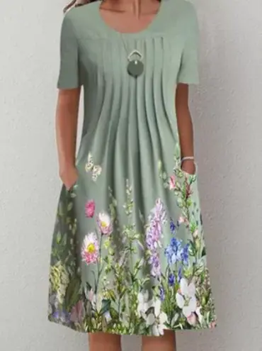 Women Floral Print Round Neck Dress Green Blue - Image 5