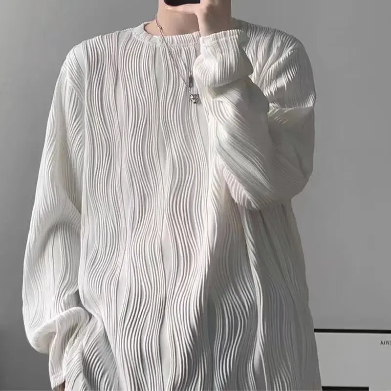 Men's White Striped Long Sleeve T-Shirt Loose Fit Spring Autumn - Image 7