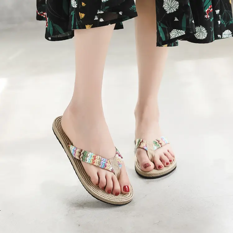 2022 seaside imitation straw pp straw woven flip-flops women's summer fashionable outerwear flat beach flip-flops - Image 2