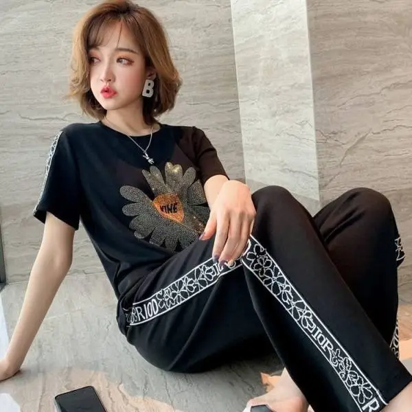 Daisy Rhinestone Black 2Pc Casual Pants Set