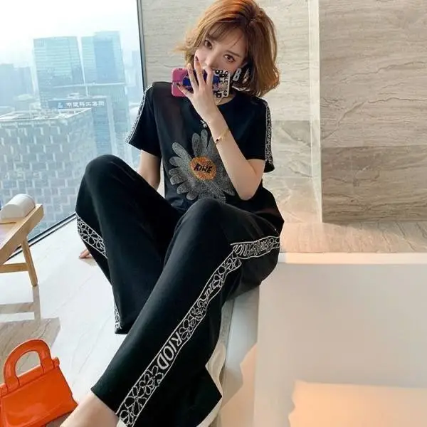 Daisy Rhinestone Black 2Pc Casual Pants Set