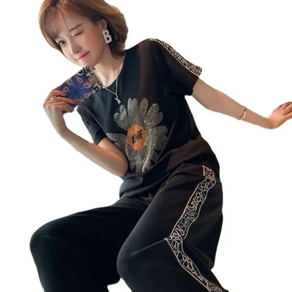 Daisy Rhinestone Black 2Pc Casual Pants Set