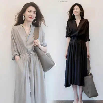 French Niche Dress Grey V-Neck Mid-Length Slim Fit - Image 3