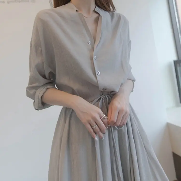 French Niche Dress Grey V-Neck Mid-Length Slim Fit - Image 4