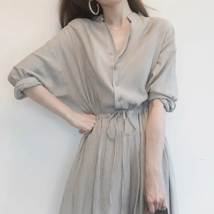 French Niche Dress Grey V-Neck Mid-Length Slim Fit — feature 1