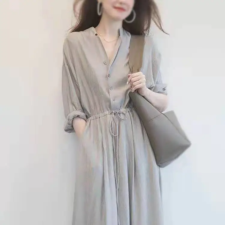 French Niche Dress Grey V-Neck Mid-Length Slim Fit — feature 10