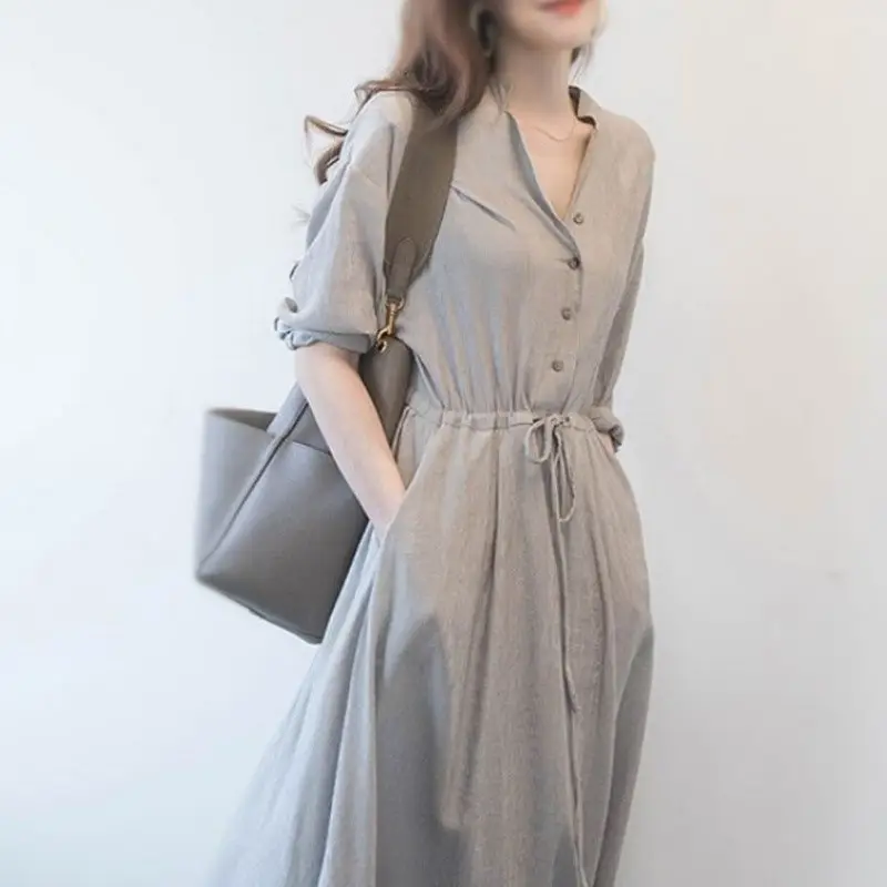French Niche Dress Grey V-Neck Mid-Length Slim Fit — feature 11