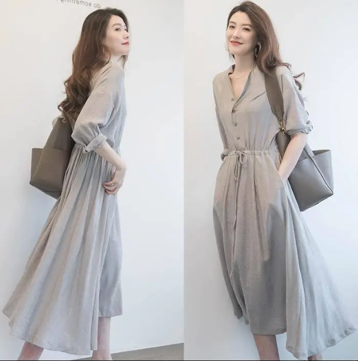 French Niche Dress Grey V-Neck Mid-Length Slim Fit — feature 12