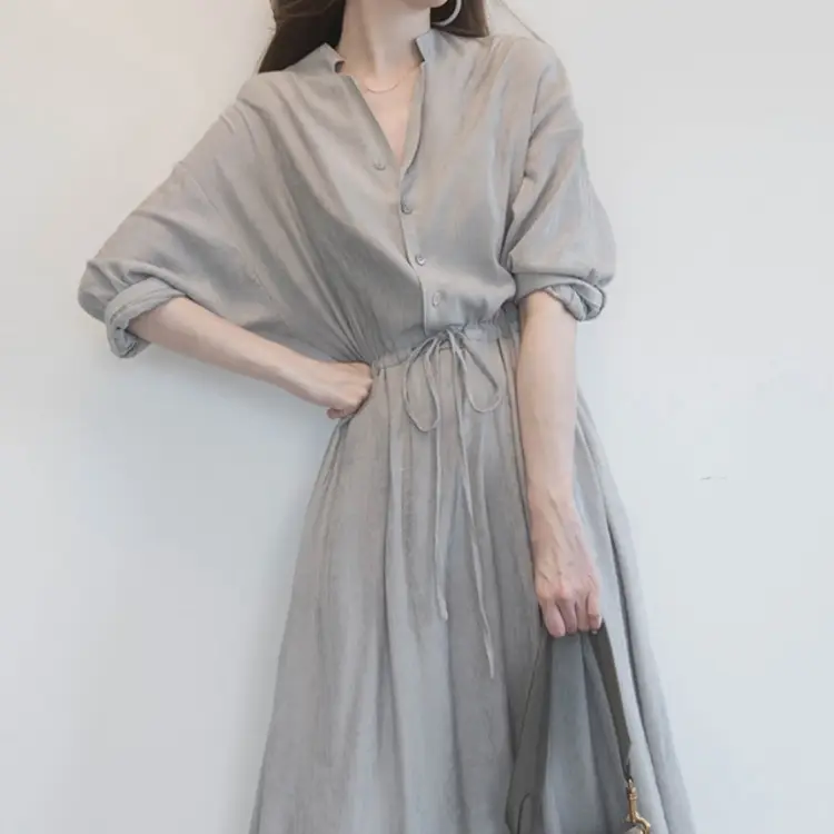 French Niche Dress Grey V-Neck Mid-Length Slim Fit — feature 2