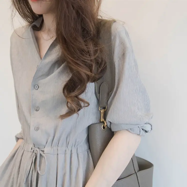 French Niche Dress Grey V-Neck Mid-Length Slim Fit — feature 6