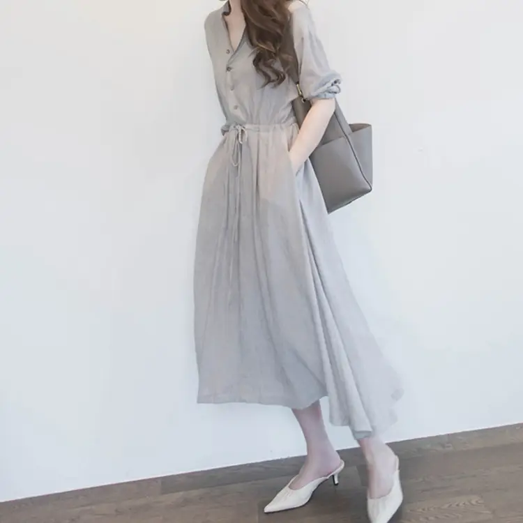 French Niche Dress Grey V-Neck Mid-Length Slim Fit — feature 9