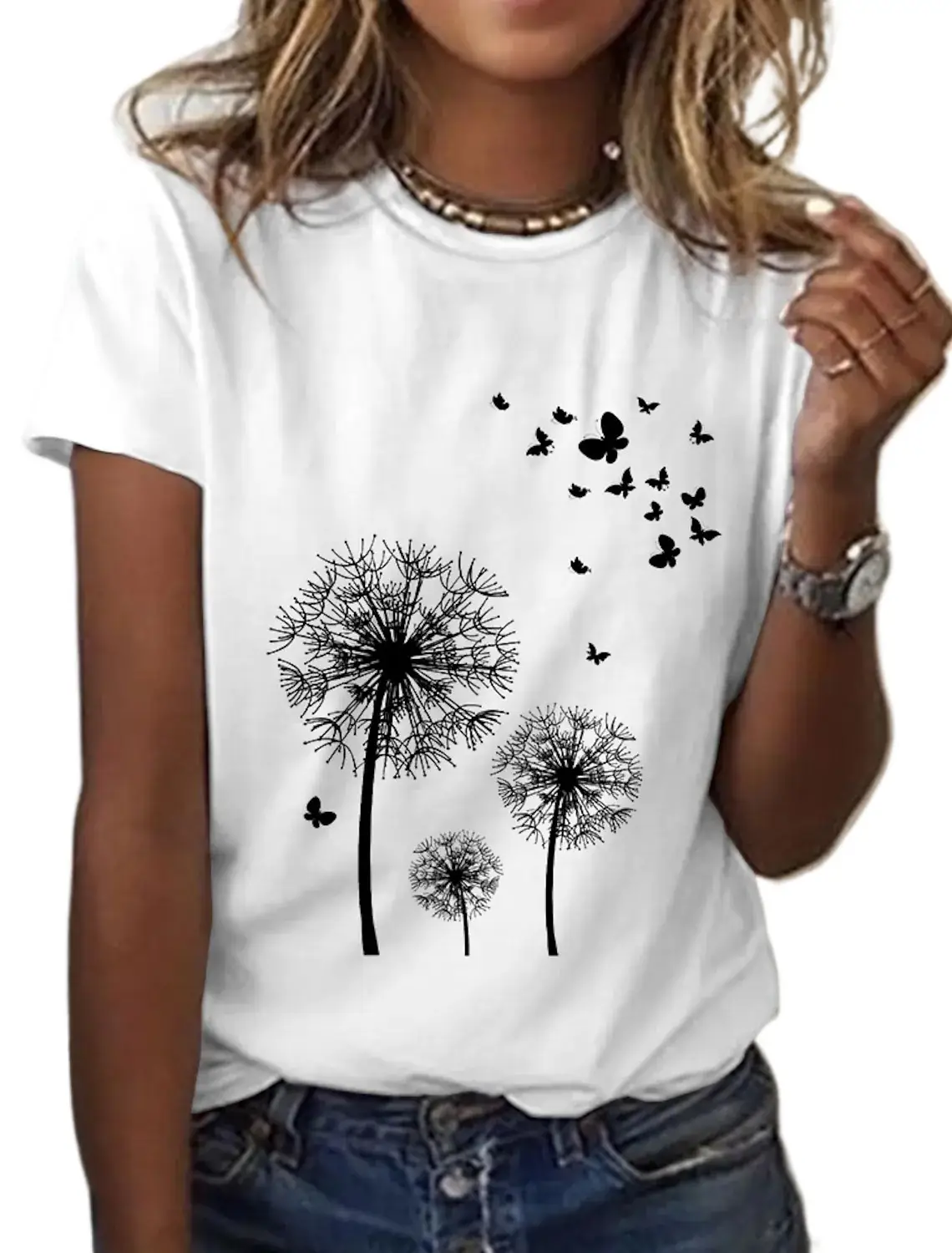 Women's Butterfly Dandelion Print T-Shirt White Short Sleeve - Image 4