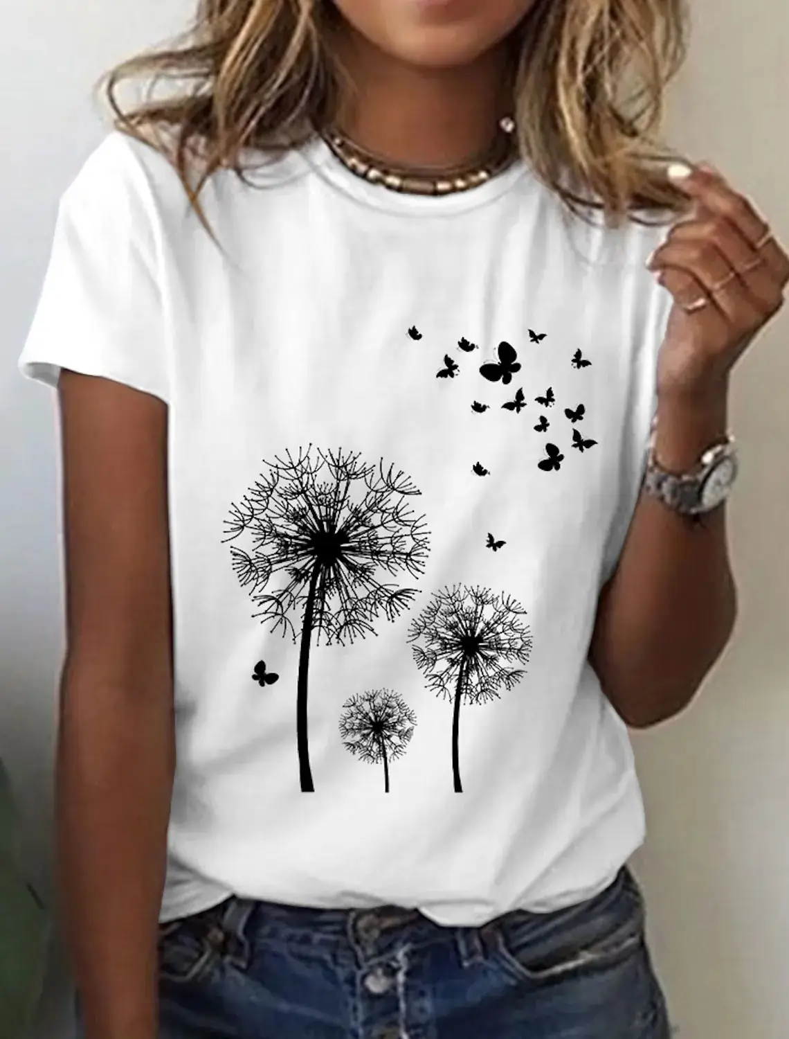Women's Butterfly Dandelion Print T-Shirt White Short Sleeve - Image 2