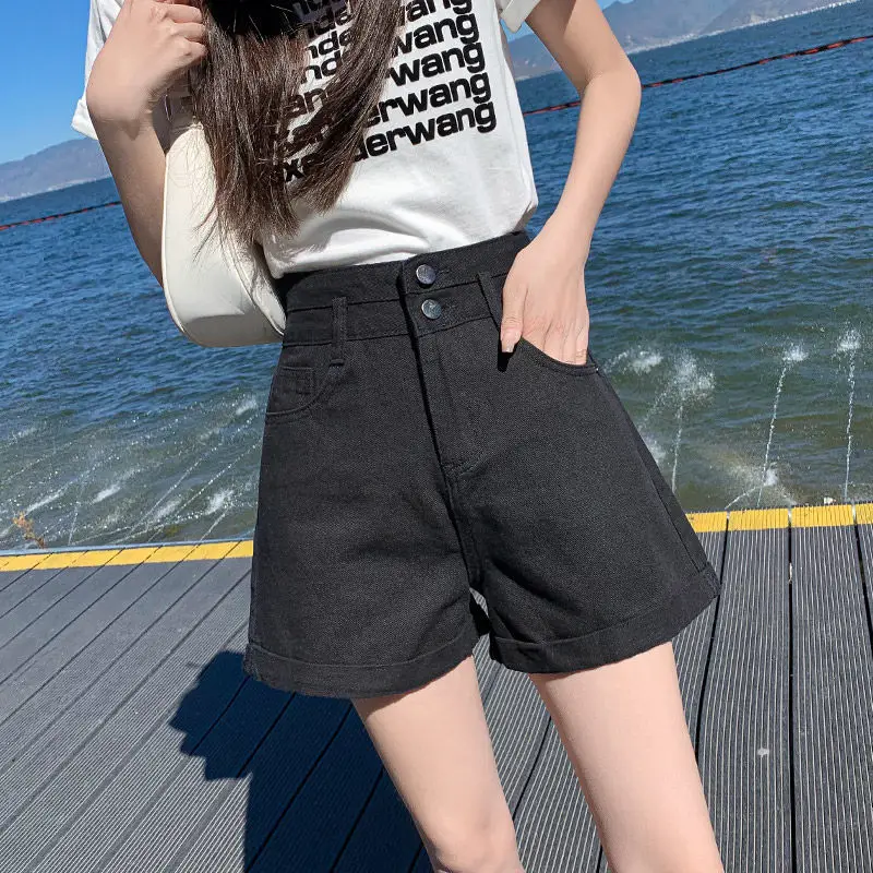 Women Curled Denim Shorts Light Grey 2022 Summer - Image 2