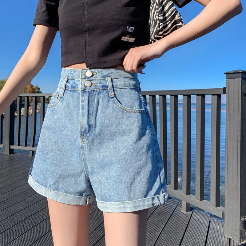 Women Curled Denim Shorts Light Grey 2022 Summer - Image 3