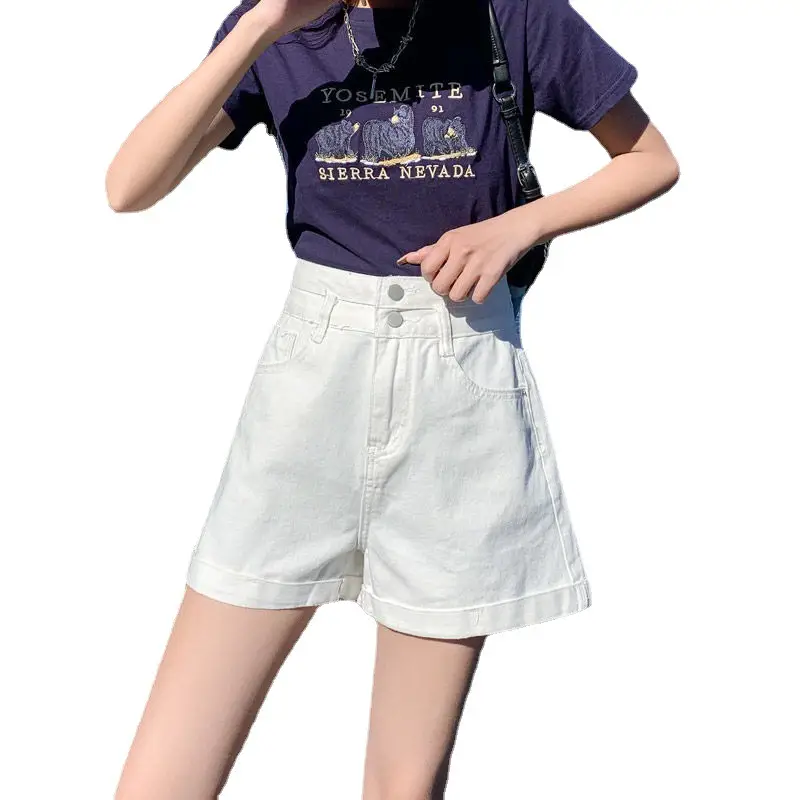 Women Curled Denim Shorts Light Grey 2022 Summer - Image 6