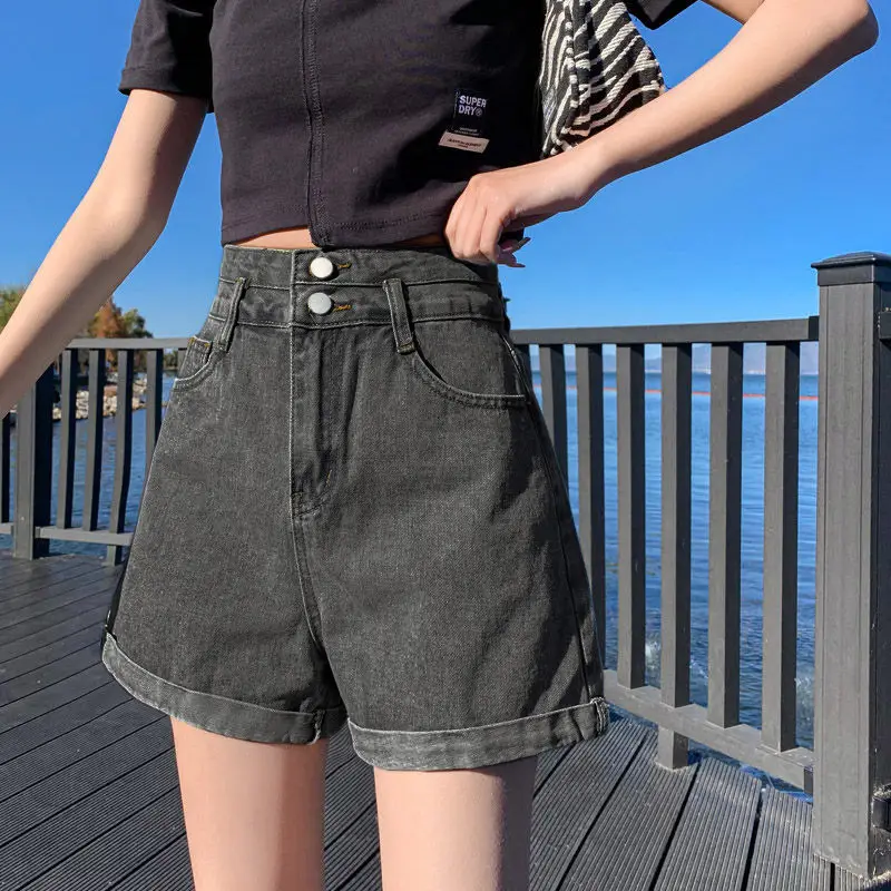 Women Curled Denim Shorts Light Grey 2022 Summer - Image 4