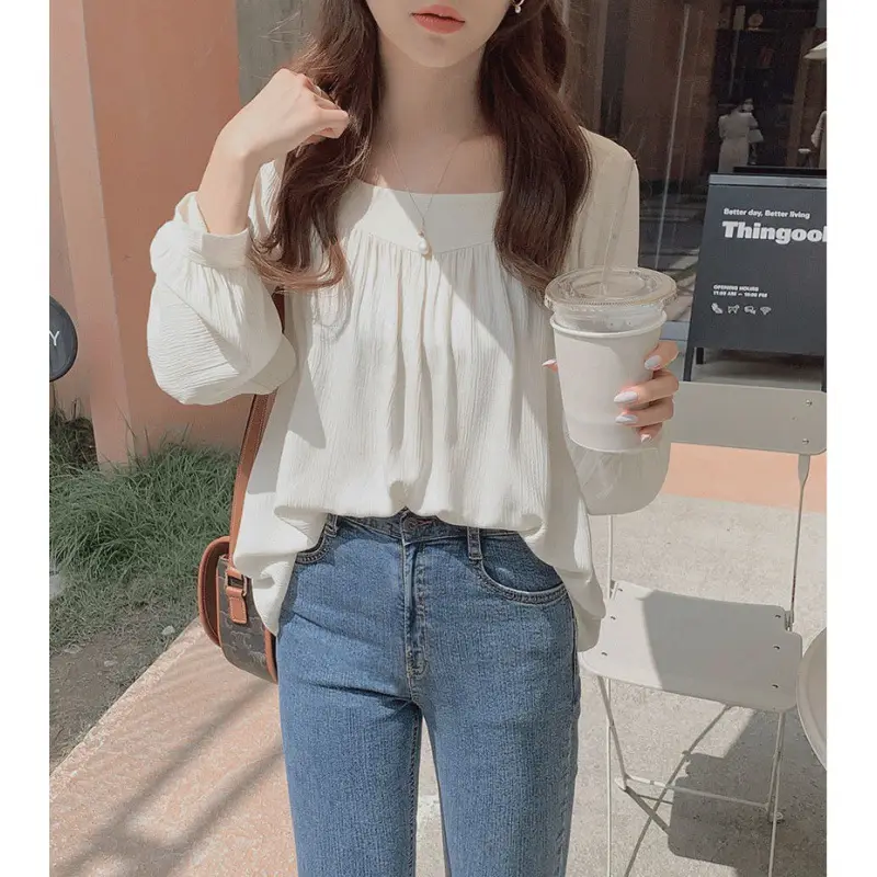 Spring Pullover Top Gray Cotton Round Neck Chiffon - Image 4