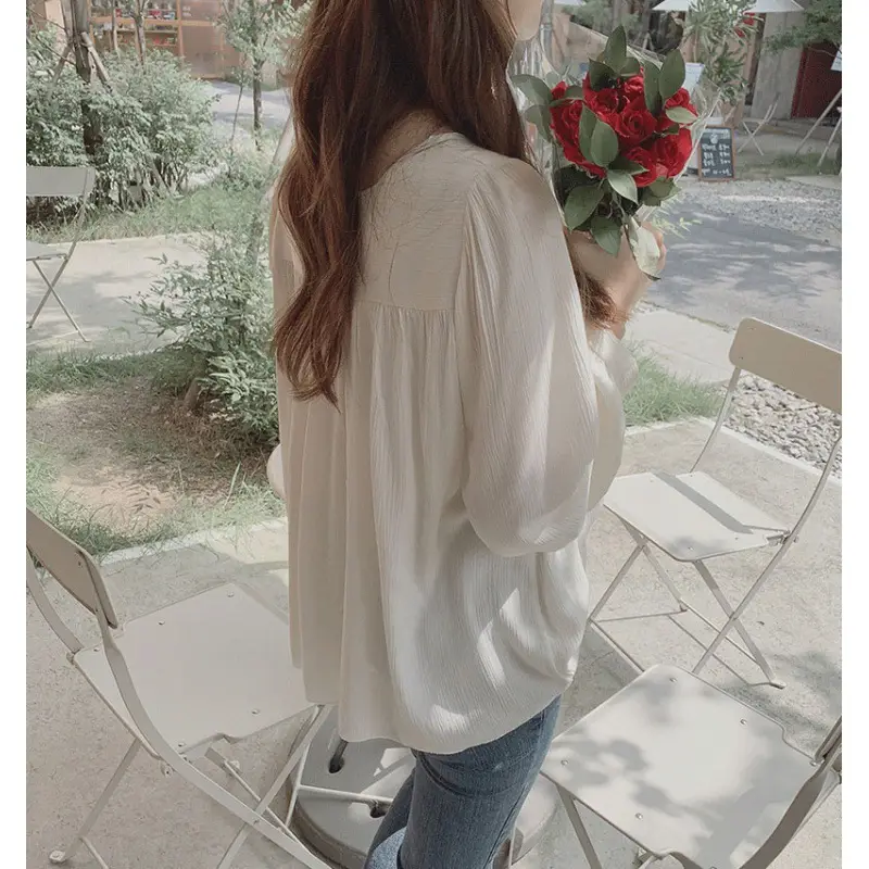 Spring Pullover Top Gray Cotton Round Neck Chiffon - Image 5