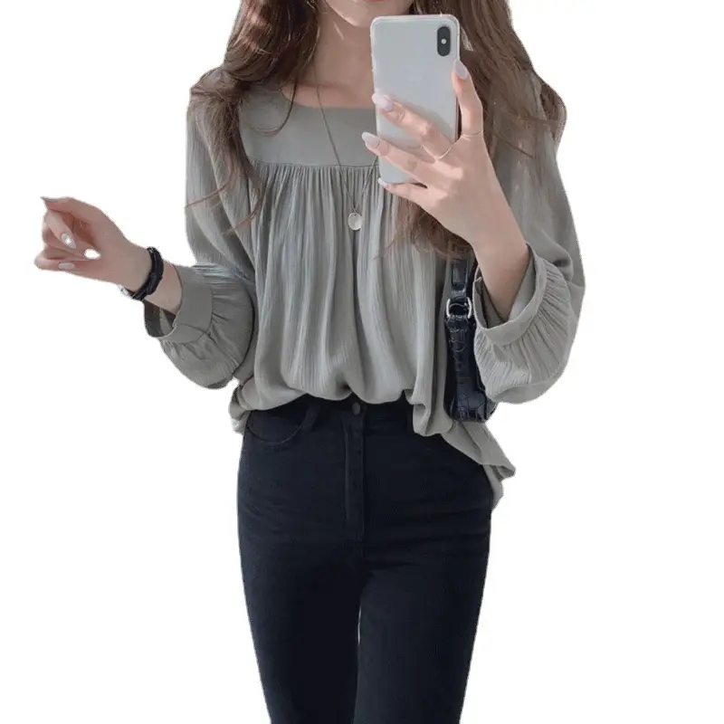 Spring Pullover Top Gray Cotton Round Neck Chiffon - Image 6