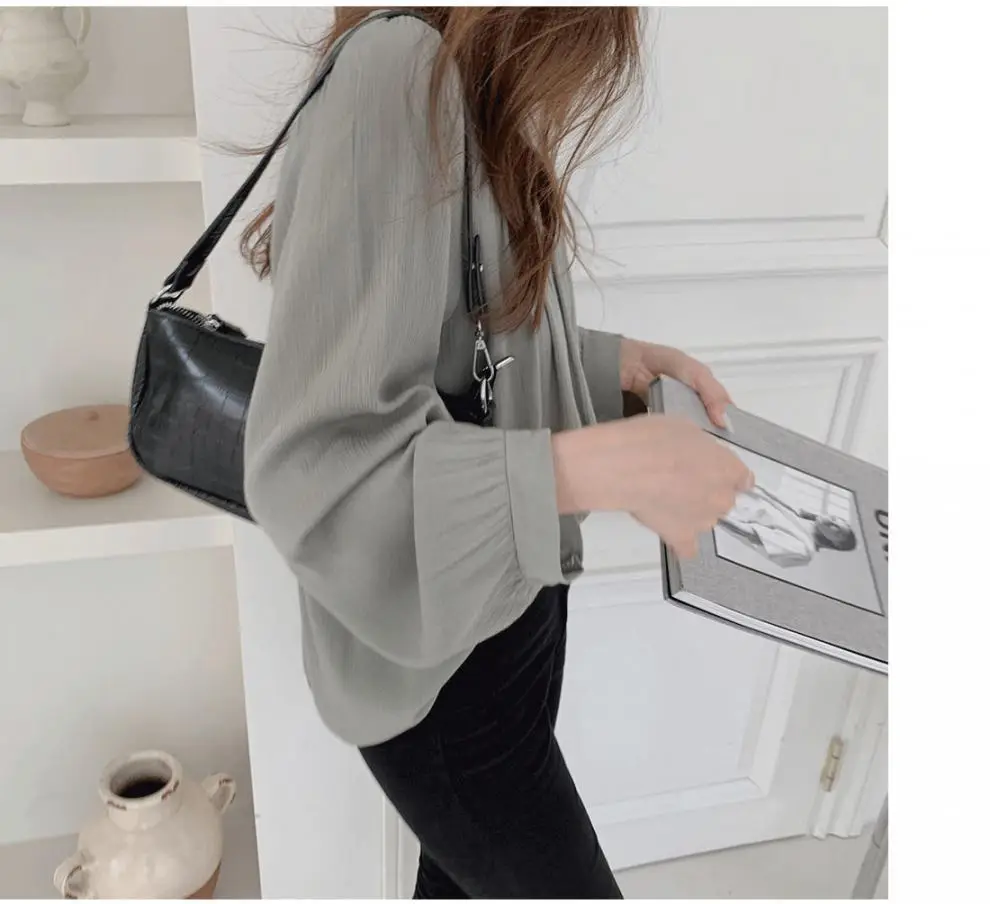 Spring Pullover Top Gray Cotton Round Neck Chiffon — feature 1