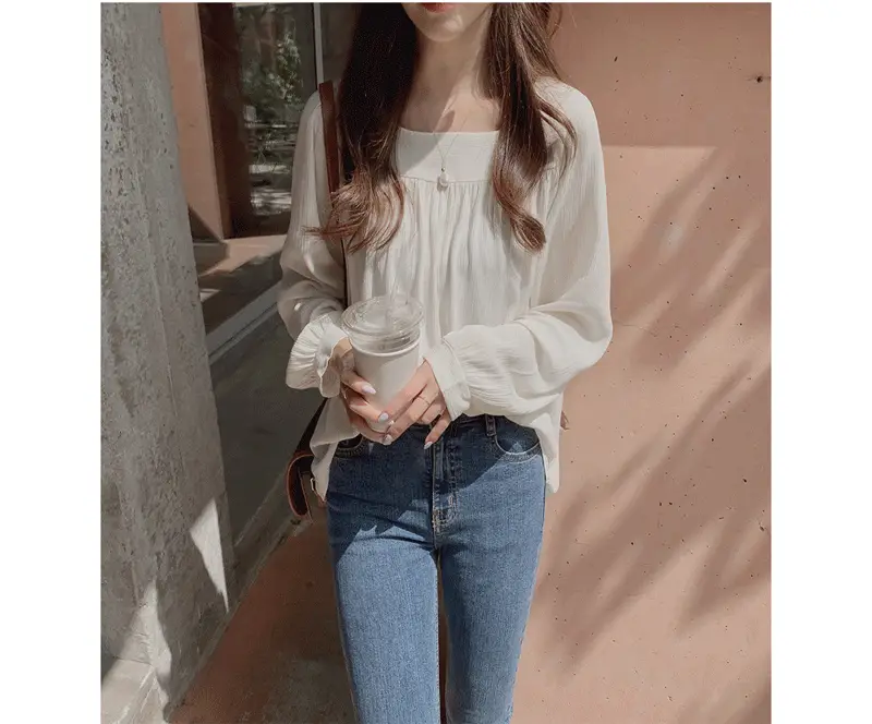 Spring Pullover Top Gray Cotton Round Neck Chiffon — feature 11