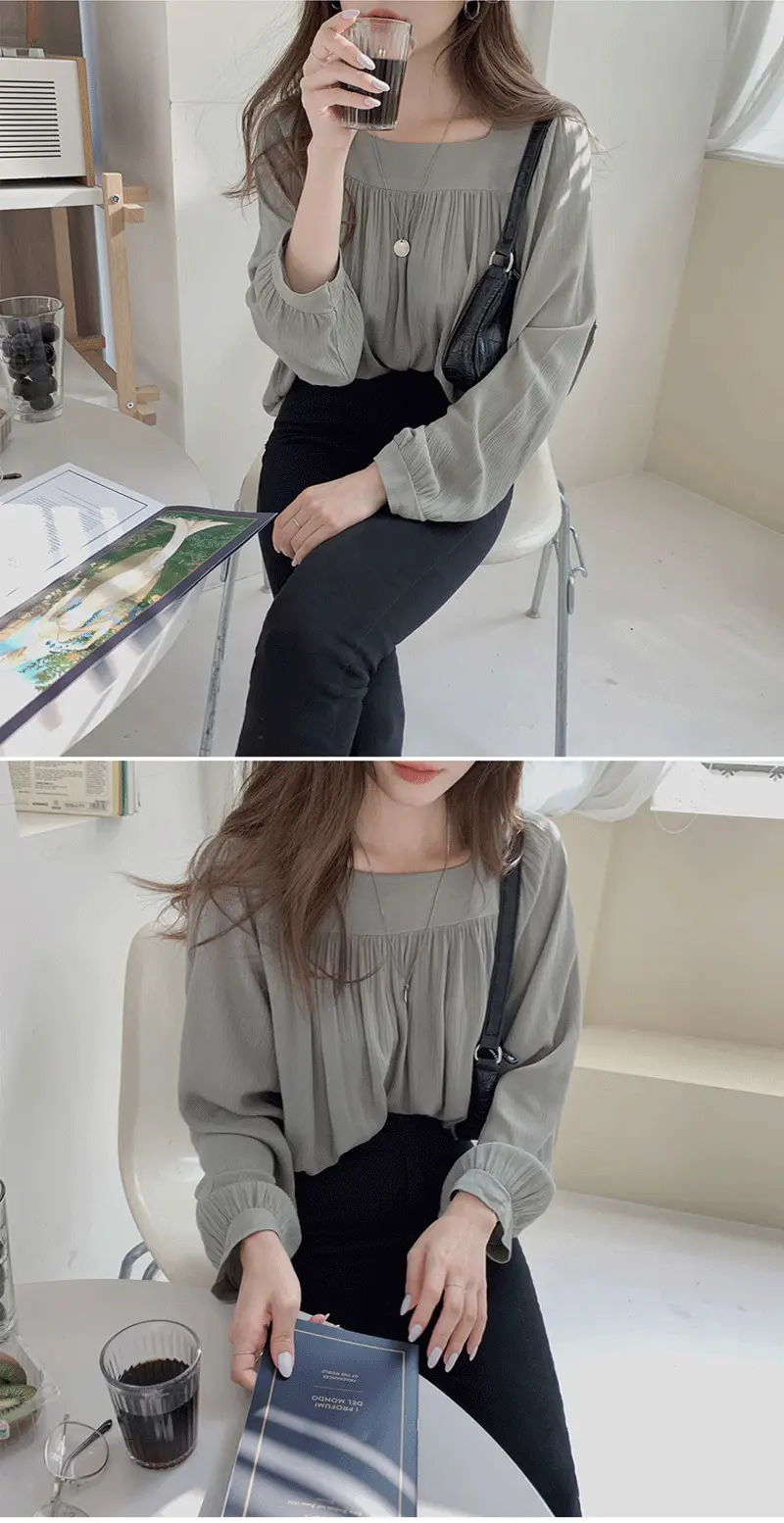 Spring Pullover Top Gray Cotton Round Neck Chiffon — feature 12
