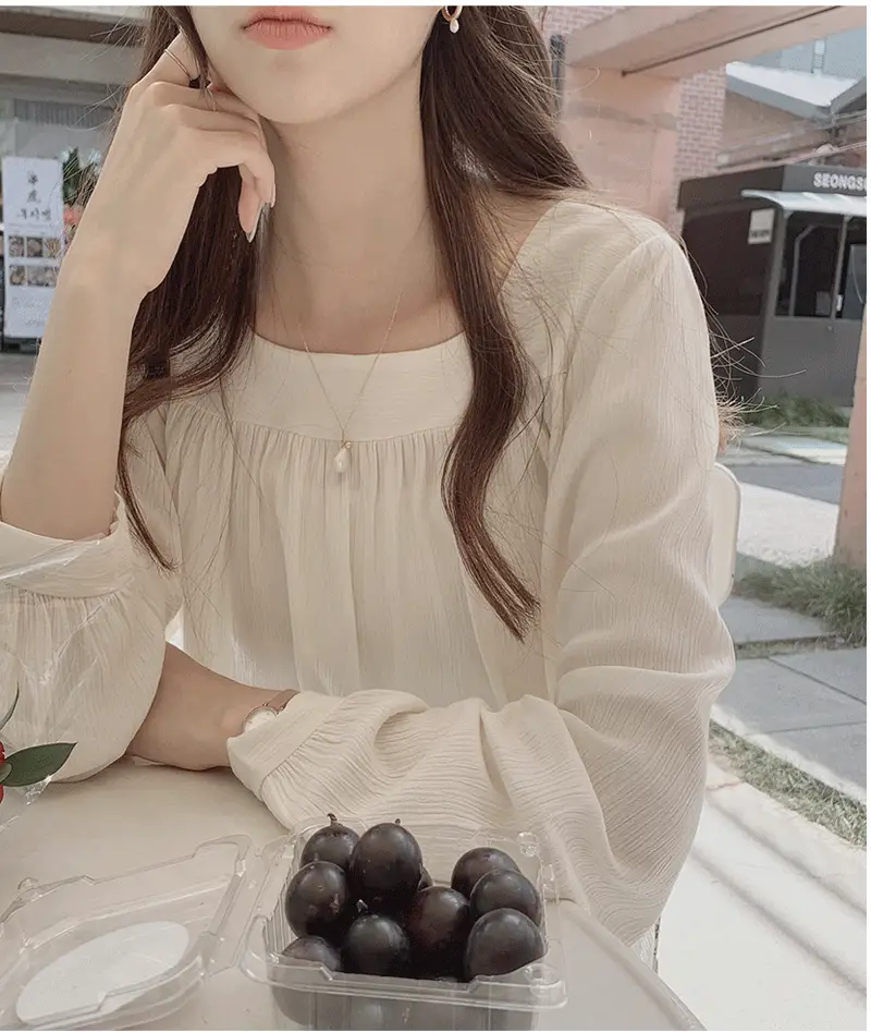 Spring Pullover Top Gray Cotton Round Neck Chiffon — feature 13