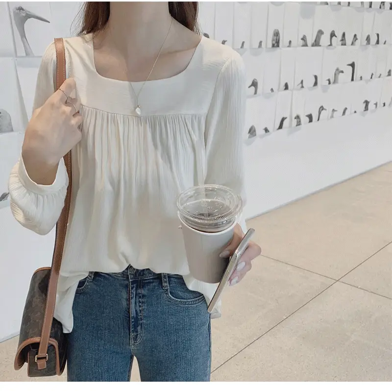 Spring Pullover Top Gray Cotton Round Neck Chiffon — feature 16