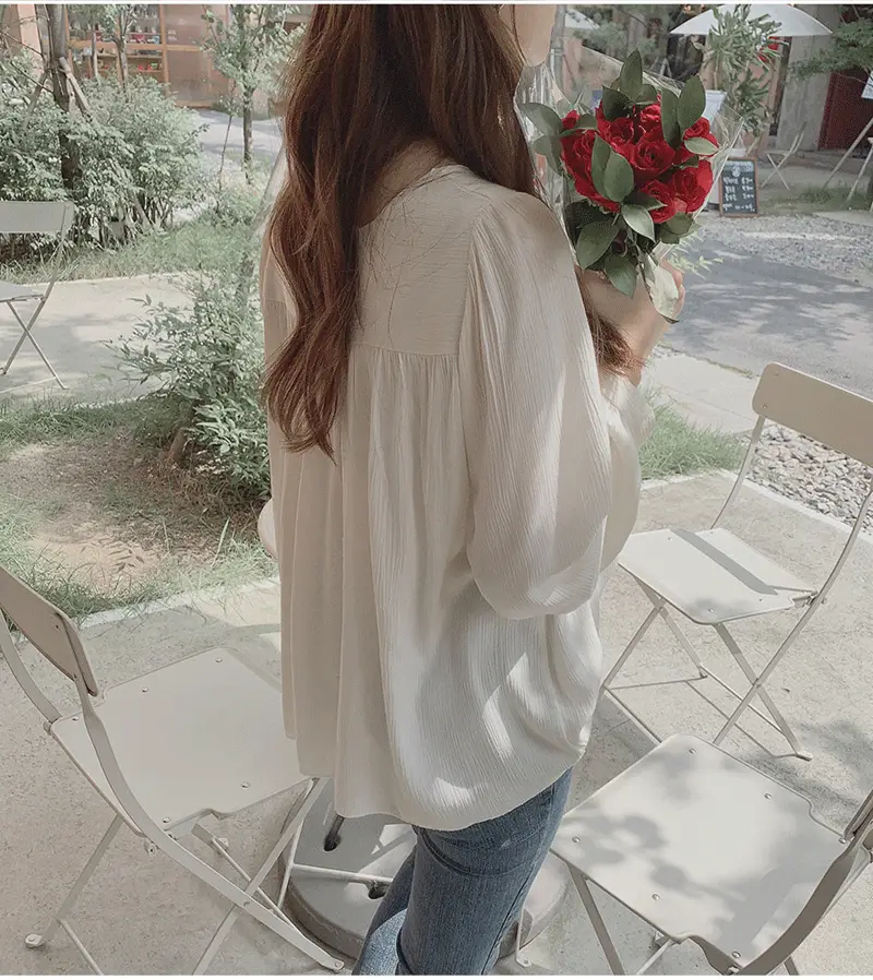 Spring Pullover Top Gray Cotton Round Neck Chiffon — feature 17