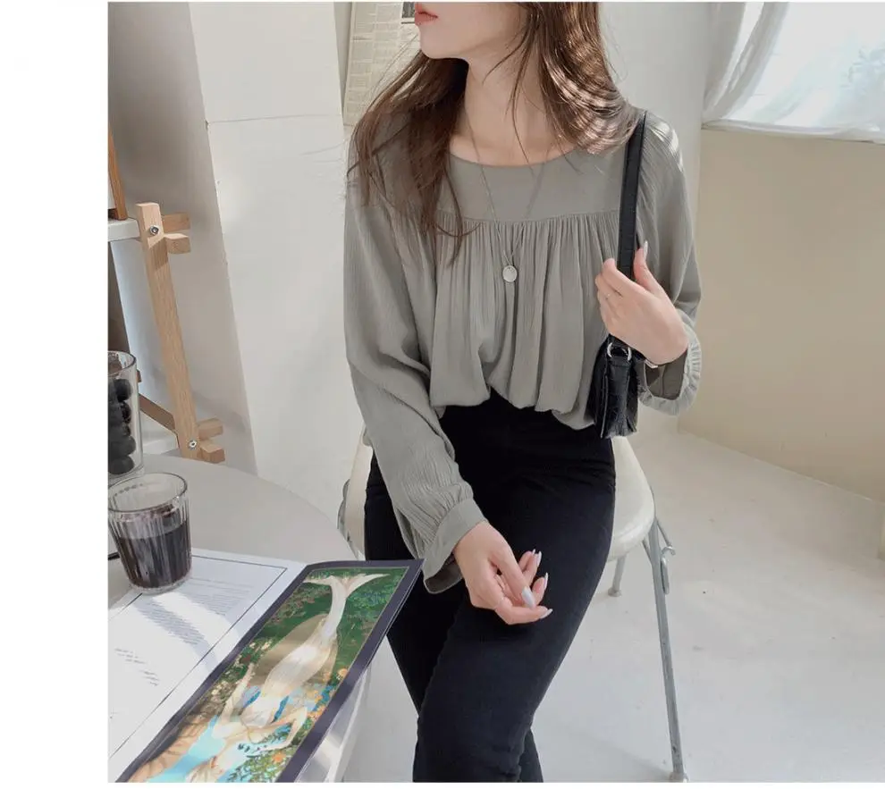 Spring Pullover Top Gray Cotton Round Neck Chiffon — feature 2