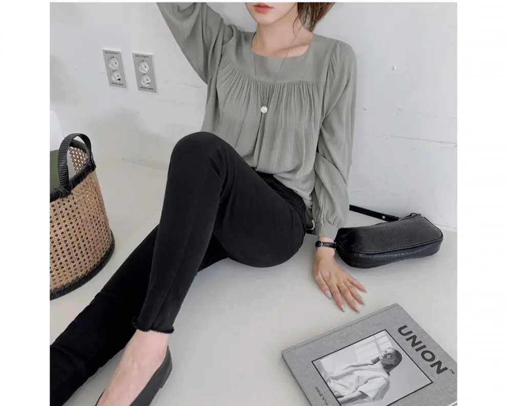 Spring Pullover Top Gray Cotton Round Neck Chiffon — feature 4