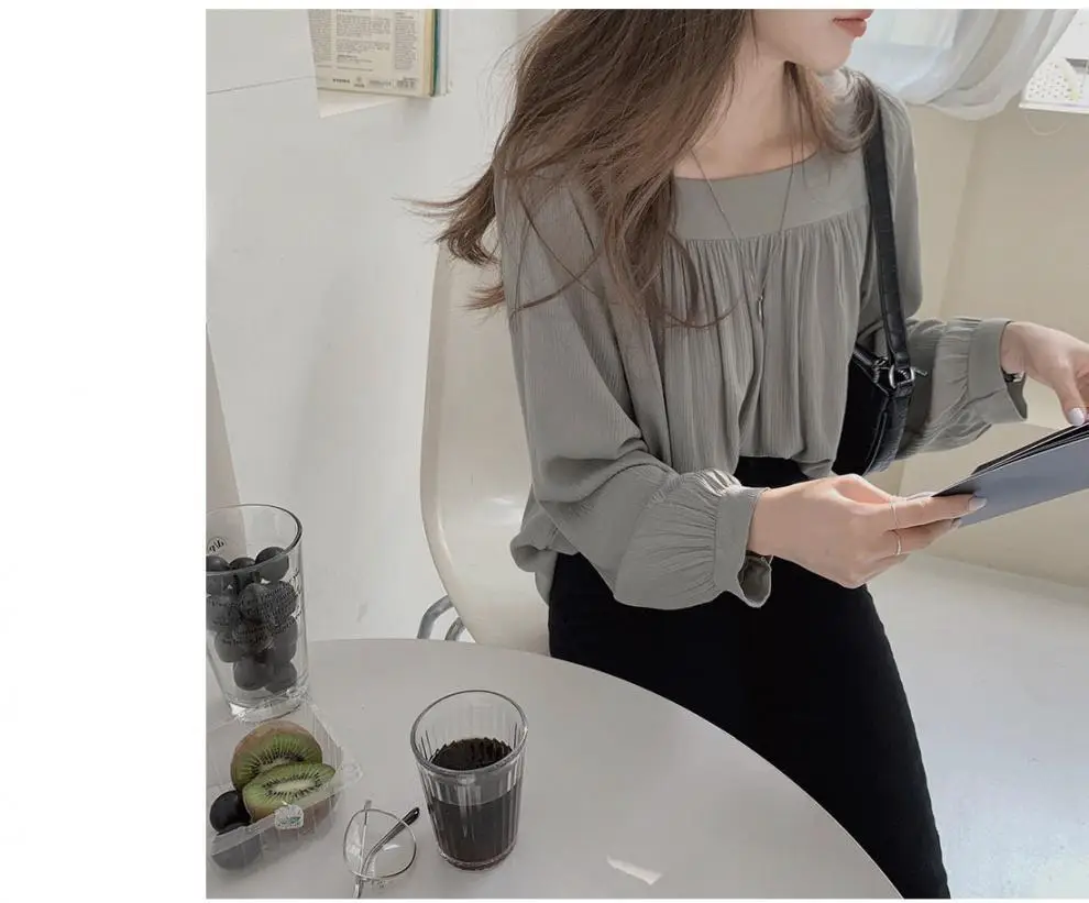 Spring Pullover Top Gray Cotton Round Neck Chiffon — feature 6