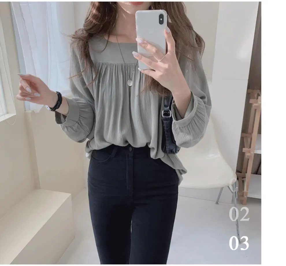 Spring Pullover Top Gray Cotton Round Neck Chiffon — feature 7