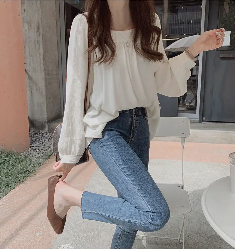 Spring Pullover Top Gray Cotton Round Neck Chiffon — feature 8