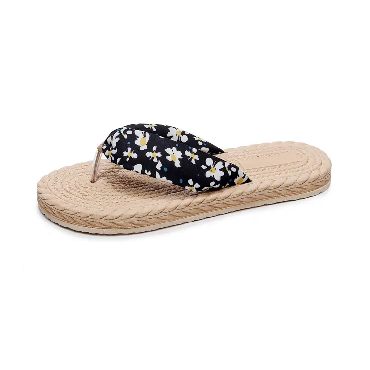2022 imitation hemp rope hemp bottom sandals and slippers Korean-wave outerwear rubber-plastic bottom flip-flops Daisy cloth strap women's flip-flops
